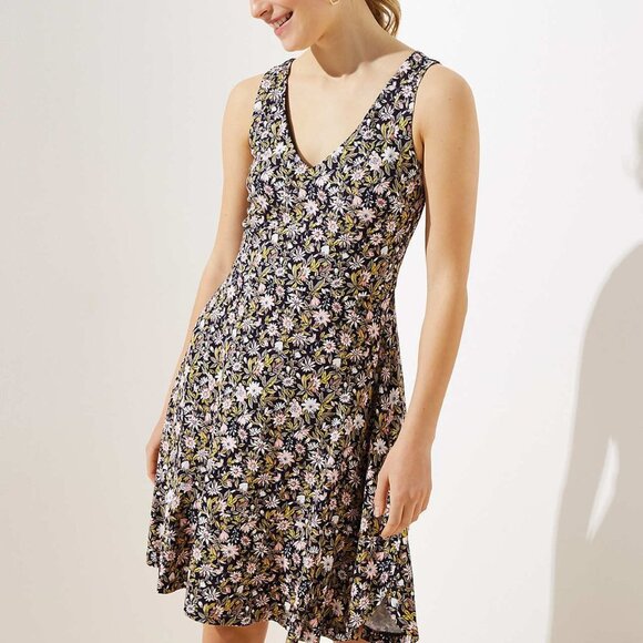 LOFT Floral V-Neck Flounce Flare Dress Forever Navy - Picture 2 of 16